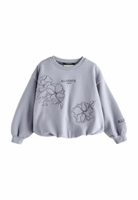 Felpa girocollo viola con ricami floreali sul davanti e sulle maniche, con testo "ALLSAINTS LONDON".