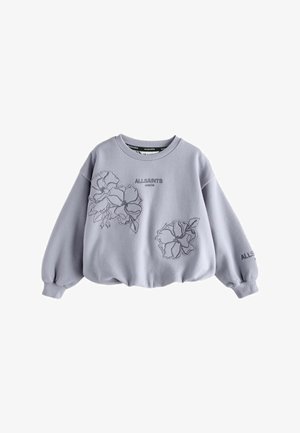 Lavenderfarbener Crewneck-Sweatshirt mit gestickten Blumenmustern auf der Vorder- und Rückseite, mit dem Text "ALLSAINTS LONDON".