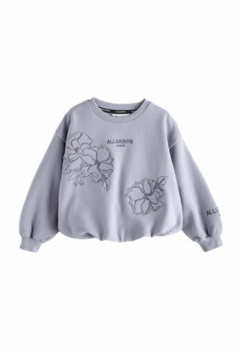 Felpa girocollo viola con ricami floreali sul davanti e sulle maniche, con testo "ALLSAINTS LONDON".