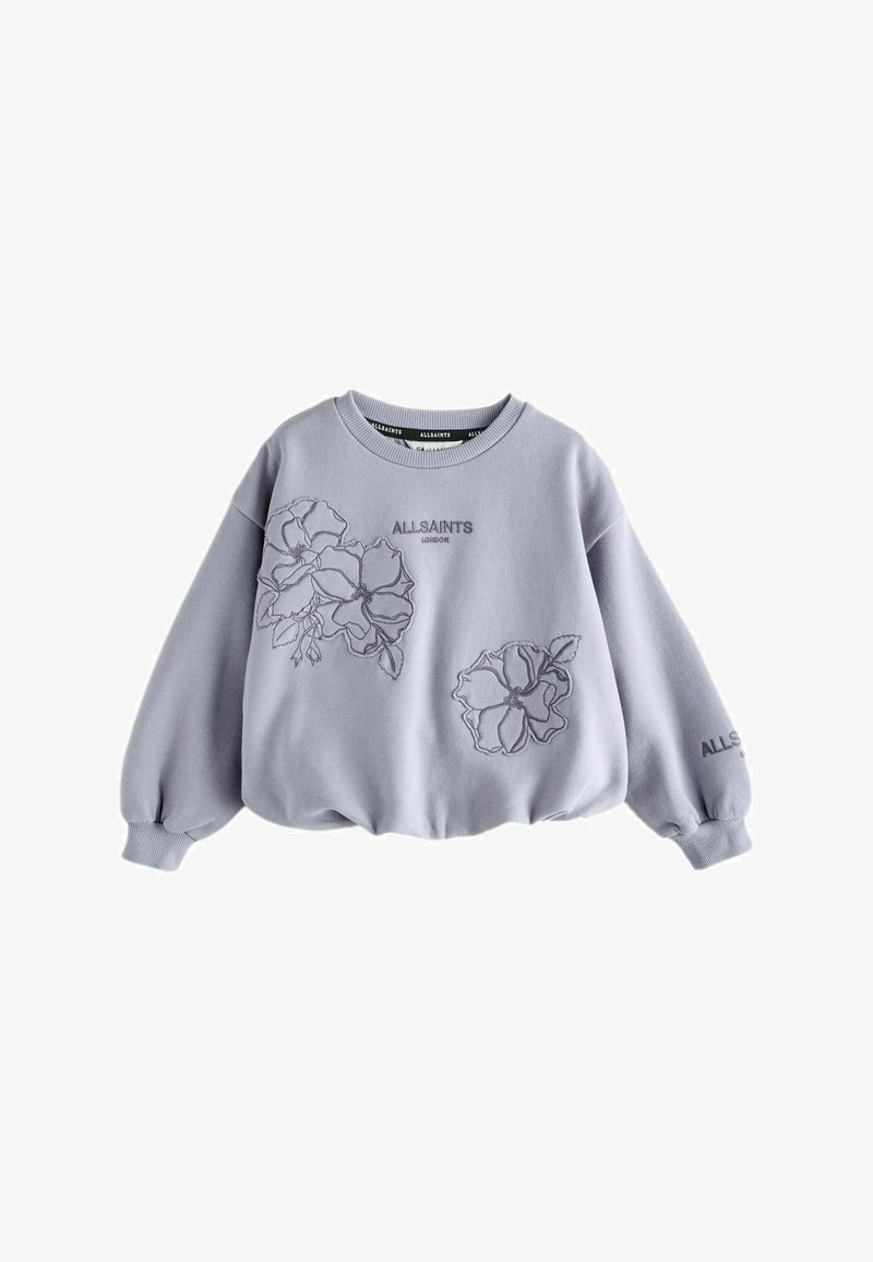Lavendel crewneck sweatshirt med broderade blommönster på framsidan och ärmen, med texten "ALLSAINTS LONDON".