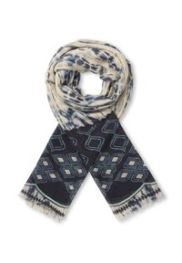 Lightweight scarf with a cream and navy blue color scheme, featuring geometric diamond patterns and fringed edges. Soft, textured fabric.