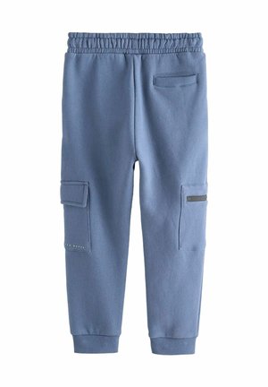 Pantalons de jogging bleus en tissu doux, dotés d'une taille élastique, de deux poches latérales et d'une poche arrière avec rabat.