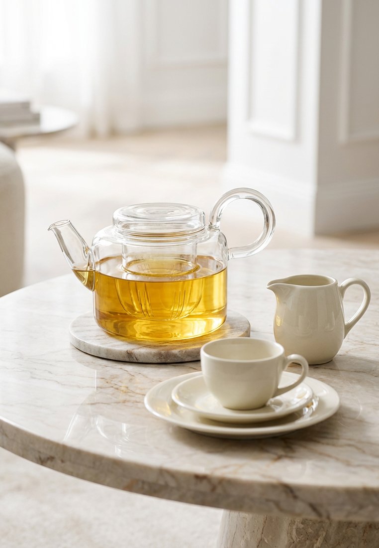 Przezroczysty szklany czajniczek z złotą herbatą, biała ceramiczna mlecznik, filiżanka i spodeczki na okrągłym marmurowym stole w jasnym pokoju.