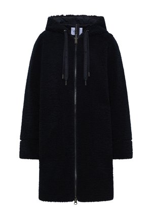 Manteau à capuche noir en peluche avec fermeture éclair, fabriqué à partir d'un tissu doux et texturé. Équipé de cordons de serrage ajustables et de poches latérales.