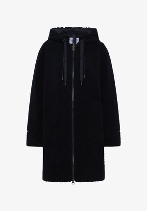 Zwarte fuzzy hoodie jas met een ritssluiting, gemaakt van zacht, textuurstof. Beschikt over verstelbare trekkoorden en zijzakken.