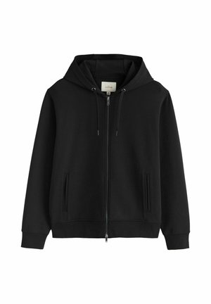 Schwarzer Hoodie mit Reißverschluss vorne, Fronttaschen, verstellbarer Kordelzugkapuze sowie gerippten Bündchen und Saum.