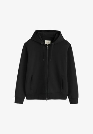 Schwarzer Hoodie mit Reißverschluss vorne, Fronttaschen, verstellbarer Kordelzugkapuze sowie gerippten Bündchen und Saum.