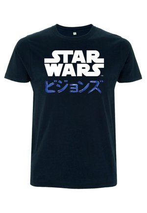Sort bomulds T-shirt med stort hvidt "STAR WARS"-tekst over blå japanske tegn, korte ærmer og en klassisk rund hals.