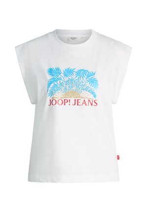 Wit mouwloos T-shirt met blauwe palmbladeren, een glinsterende gouden zonafbeelding en rode tekst "JOOP! JEANS" aan de voorkant.