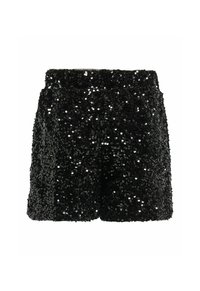 Sorte pailletshorts med en struktureret overflade, der har en høj talje og en løs pasform. Pailletterne reflekterer lyset og skaber glans.