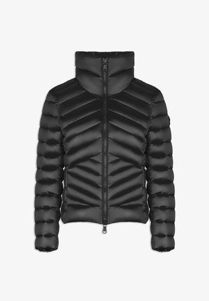 Giubbotto a vento nero, caratterizzato da un alto colletto, chiusura con zip, motivo a rombi trapuntato e texture lucida. Silhouette aderente con polsini elasticizzati.