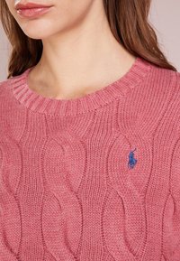 Pull rose en tricot avec un motif torsadé, un col côtelé et un petit logo bleu sur la poitrine gauche.