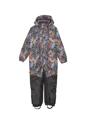Floral-patterned waterproof overall in dark colors, featuring a hood and elastic cuffs for a snug fit. Durable fabric with textured accents.