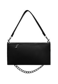 Borsa a tracolla in pelle nera con forma rettangolare, design piatto, tasca frontale con zip e un dettaglio a catena sul fondo. Include una tracolla regolabile.