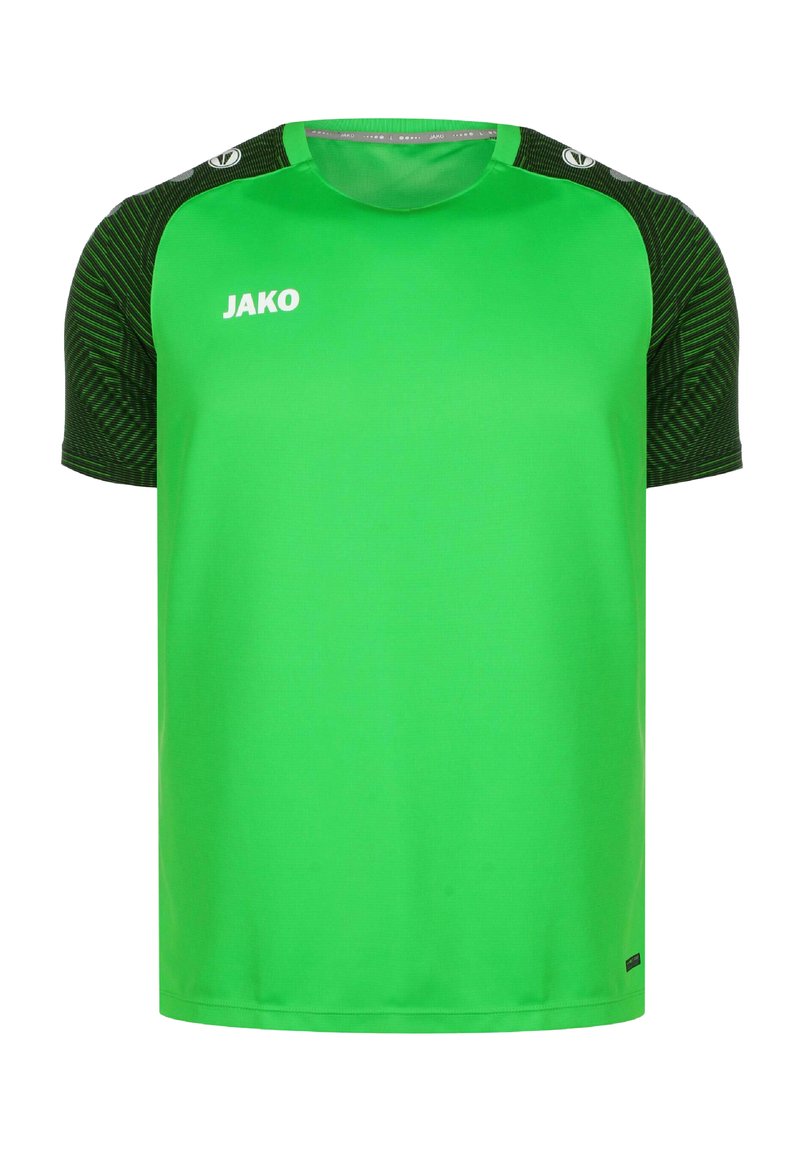 Groen sportshirt met korte zwart gearceerde mouwen en een ronde hals. Bevat het "JAKO" logo aan de voorkant. Glad, lichtgewicht materiaal.