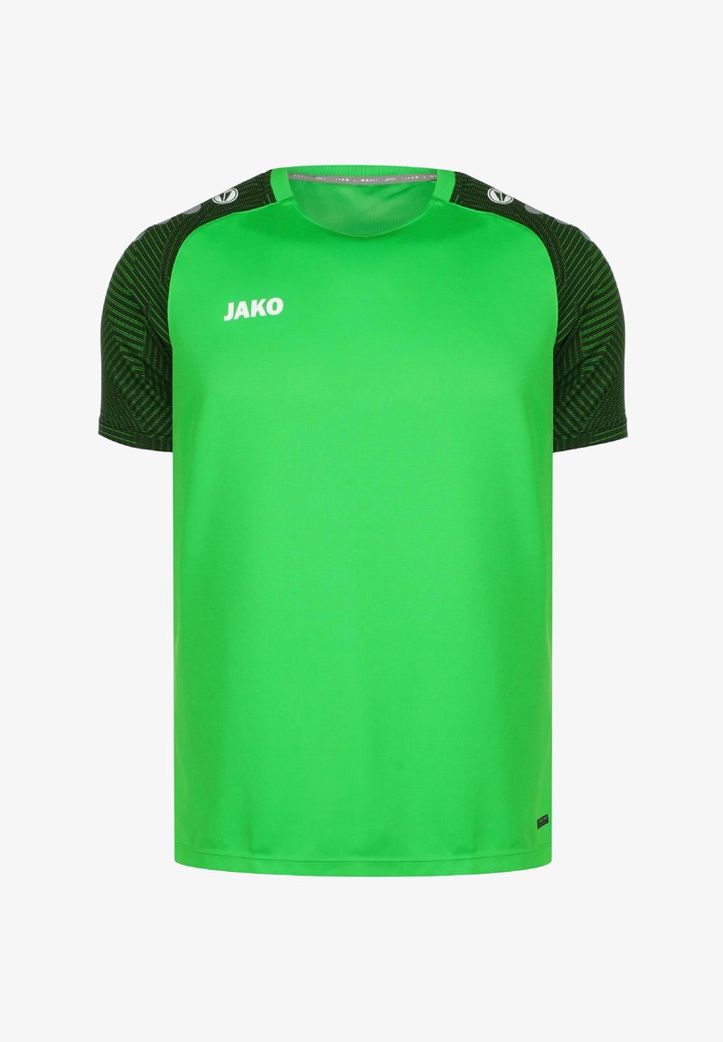Groen sportshirt met korte zwart gearceerde mouwen en een ronde hals. Bevat het "JAKO" logo aan de voorkant. Glad, lichtgewicht materiaal.