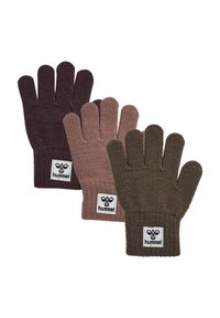 Gants tricotés en violet foncé, rose doux et vert olive. Comprend des poignets côtelés et des patchs de logo blancs. Chaque gant a cinq doigts.