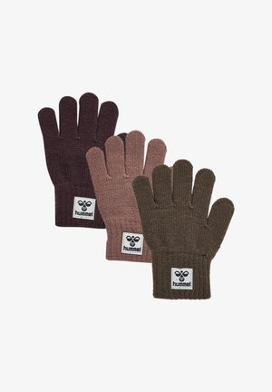 Gebreide handschoenen in donkerpaars, zachtroze en olijfgroen. Voorzien van ribbelmanchetten en witte logopatches. Elke handschoen heeft vijf vingers.