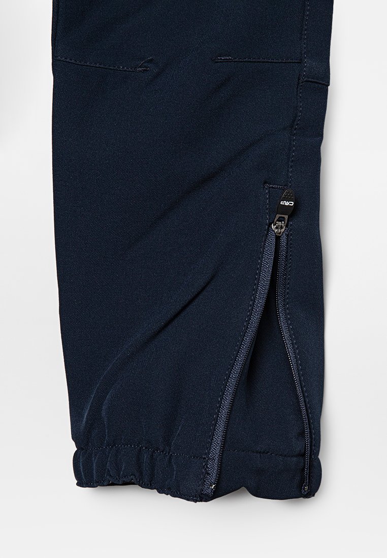 Marineblaue Sporthosen aus glattem Stoff mit einem seitlichen Reißverschluss und elastischen Bündchen. Minimalistisches Design, ohne sichtbare Muster oder Akzente.