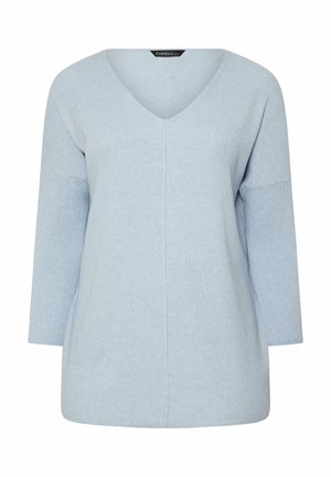 Lichtblauw, ribgebreid, lang mouw V-hals trui met verlaagde schouders en een centrale naad aan de voorkant.