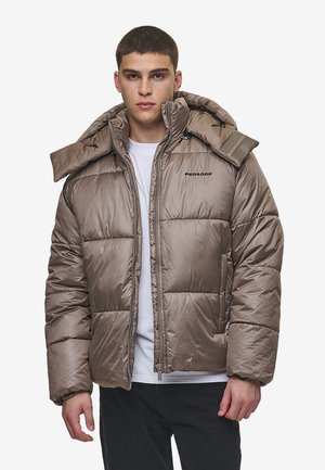 Puffer jacket in metallic taupe, featuring a hood, zip closure, and logo detail. Constructed from glossy, quilted fabric with a soft texture.