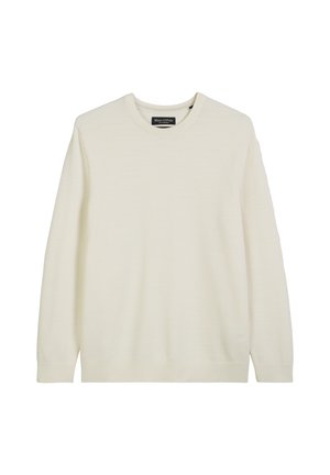 Light cream knitted sweater with a crew neck, long sleeves, and ribbed cuffs and hem. Soft texture and minimalistic design.