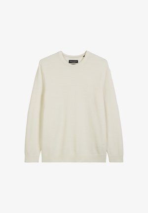 Helle, cremefarbene Strickjacke mit Rundhalsausschnitt, langen Ärmeln und gerippten Bündchen sowie Saum. Weiche Textur und minimalistisches Design.