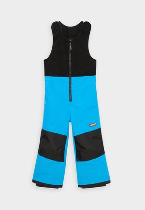 Pantaloni da sci per bambini in blu e nero con zipper frontale e rinforzi neri sulle ginocchia.