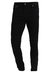 Svarta jeans i denim med slim fit, med knäslitage, knappgylf och klassisk femfickorsdesign. Slät textur och robust tyg.