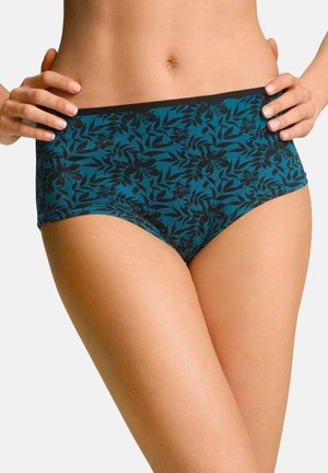 Mutande in stile hipster realizzate in tessuto teal con un motivo floreale nero, caratterizzate da un elastico nero in vita e una costruzione senza cuciture.