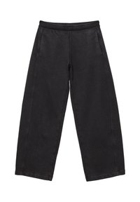 Sorte viddebukser lavet af blødt stof med elastisk talje og sidesømme. Har en glat tekstur og cropped længde.