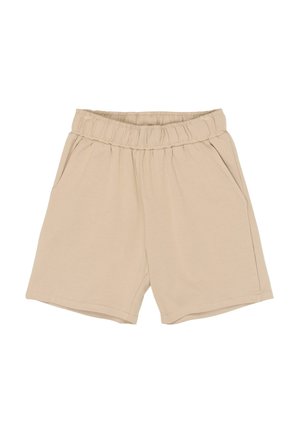 Beżowe casualowe szorty z elastycznym pasem i bocznymi kieszeniami, wykonane z miękkiego materiału, odpowiednie na co dzień.