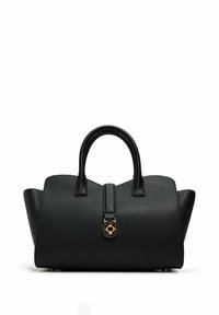 Black leather handbag with a structured shape, dual handles, gold logo detail, and a textured finish. Features a central clasp for closure.