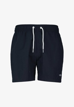 Short de bain bleu marine avec une ceinture élastique et un cordon de serrage blanc, présentant une texture lisse et un détail de logo sur l'ourlet inférieur.