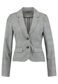 Šedý plédový blazer s klopovými límci, dvěma černými knoflíky a předními kapsami. Přiléhavý střih a texturovaná tkanina se vzorem kostky.