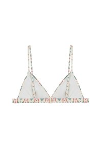 Sostén triangular con tirantes ajustables, con un estampado floral en rosa, azul y crema. Tejido suave con cierre de gancho. Diseño minimalista.