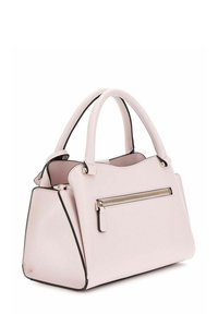 Sac à main synthétique rose avec des finitions noires, design structuré, double poignées et une poche zippée à l'avant. Texture lisse avec des contours définis.