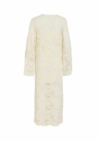 Robe longue en dentelle crème avec manches longues, motifs floraux et ourlet légèrement festonné, vue de dos sur fond blanc.