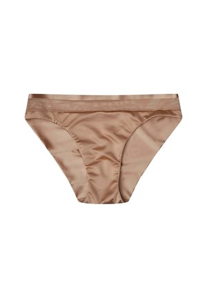 Nude satin bikini underwear with a smooth texture, mid-rise waist, and seamless edges for comfort. Features a classic cut design.