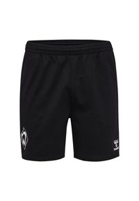 Svarta idrottsshorts i lättviktsmaterial, med ett elastiskt midjeband, två broderade logotyper och en enkel design.