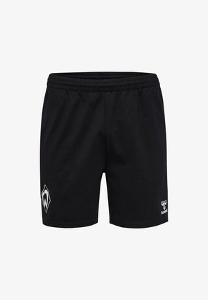 Shorts de sport noirs en tissu léger, dotés d'une taille élastique, de deux logos brodés et d'un design simple.