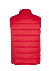 Rote Puffy-Weste mit hohem Kragen, die ein horizontales Steppmuster und eine glatte Textur aufweist. Keine sichtbaren Beschläge oder Akzente.