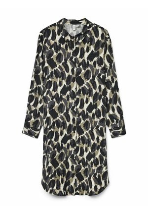 Lang skjorte med knapper, der har et abstrakt leopardmønster i sort, grå og creme, lavet af letvægtsstof med klassisk krave og manchetter.