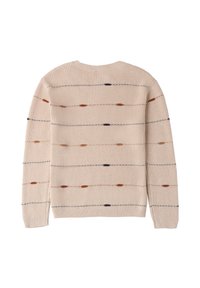 Maglione a maglia beige con collo a giro, caratterizzato da righe orizzontali in marrone, blu navy e arancione chiaro. Tessuto testurizzato e polsini a costine.