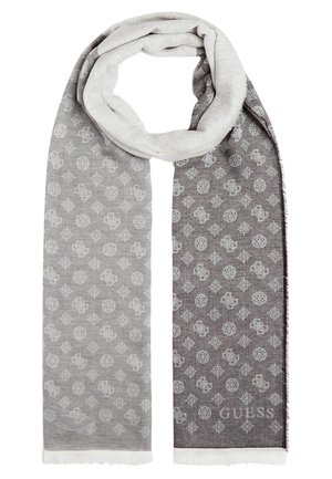 Grau-weiß gemusterter Schal mit sich wiederholenden geometrischen und floralen Motiven, versehen mit einem "GUESS"-Logo an einem Ende und fransigen Kanten.