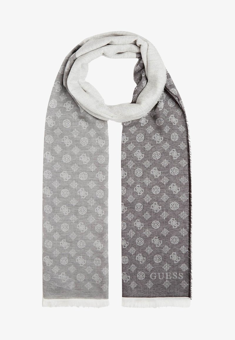 Écharpe grise et blanche à motifs géométriques et floraux répétés, avec un logo "GUESS" à une extrémité et des bords frangés.