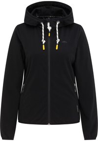 Sweat à capuche noir zippé avec cordons blancs et bleu marine aux embouts jaunes, poches latérales zippées, et logo parapluie sur la poitrine.