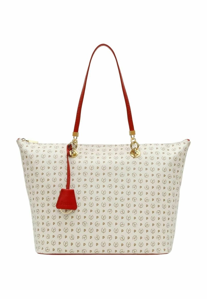 Sac fourre-tout beige avec motif répétitif "P", anses en cuir rouge et une étiquette en cuir rouge suspendue à une anse.