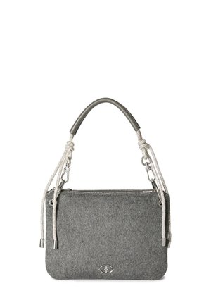 Sac à main gris avec une poignée lisse, des accents argentés et deux anses décoratives en forme de corde. Doté d'une fermeture éclair et d'un emblème.