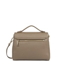 Borsa a tracolla strutturata in pelle beige con manico superiore, tracolla regolabile e dettagli in cerniera color oro. Superficie testurizzata con un design moderno.